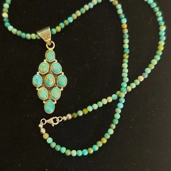 Natural Turquoise Beaded Neckace with Turquiose Pendant in Sterling Silver - Picture 8 of 11